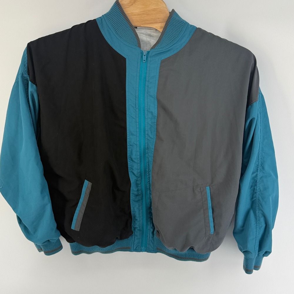 Avait Sportif Vintage 90s Colorblock Nylon Bomber Jacket Teal Black Gray Large